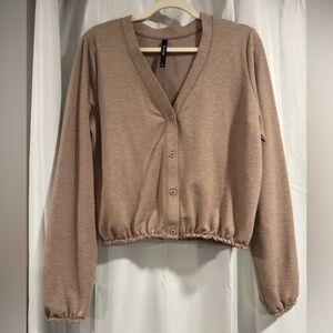 MPG Sport Women Tan Heathered Button Front Cropped Cardigan Sweater Small SP‎